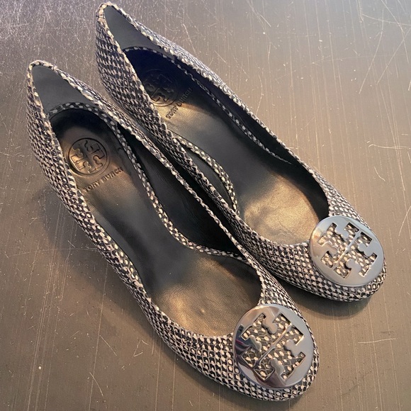 Tory Burch Shoes - Tory Burch Wedges Black/White Snake Print size 10.5